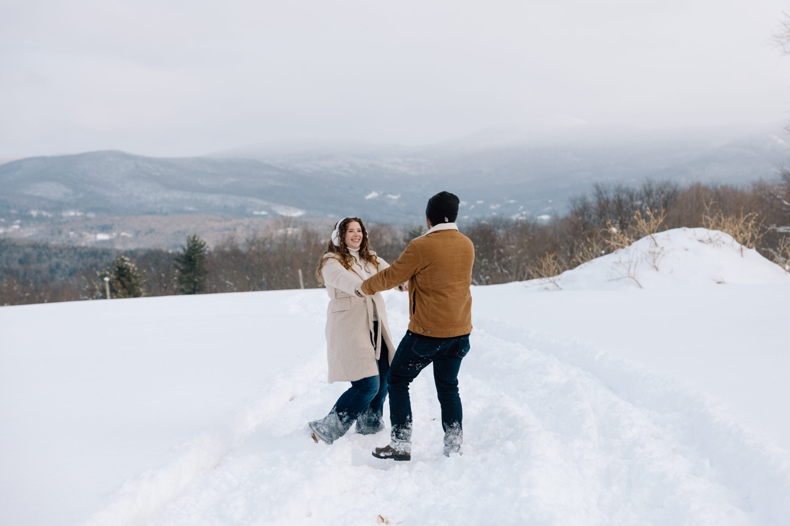 Stowe, Vermont photographer specializing in authentic couples and family sessions with soft, romantic, Hallmark-movie style winter magic.